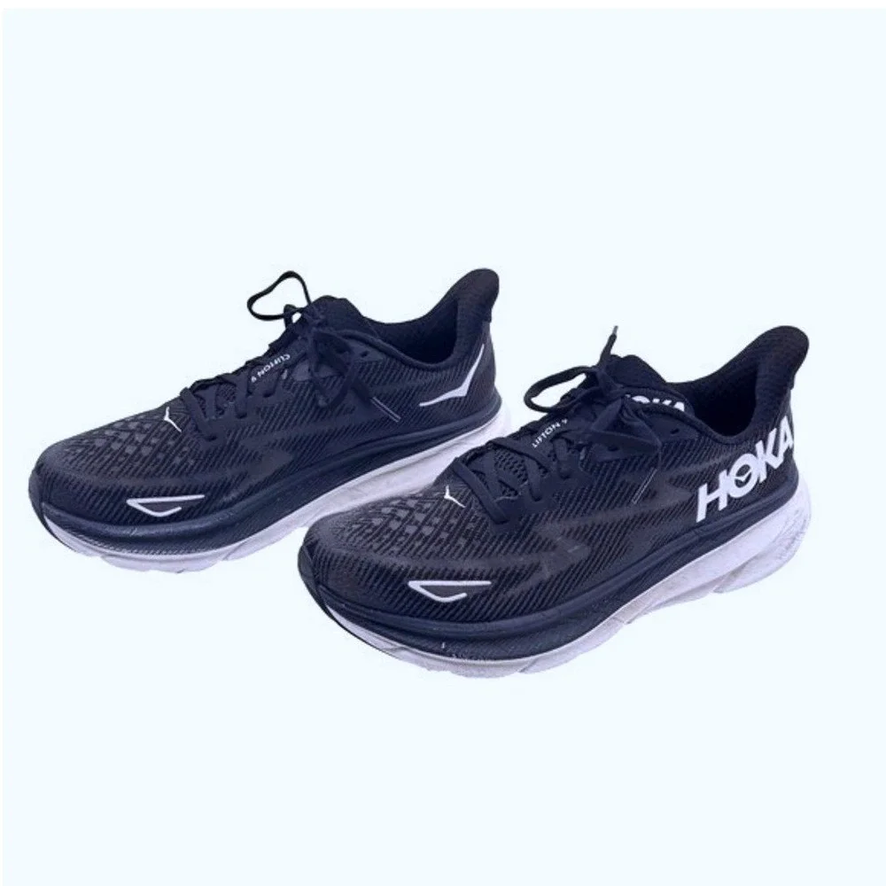 HOKA Clifton 9 Men's Running Shoes Size 9.5 Black White Road Sneakers